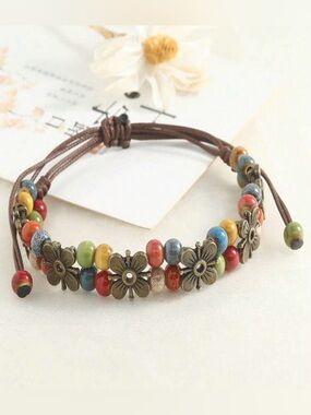 Adjustable Multicolor Beaded Flower Bracelet - Unbranded